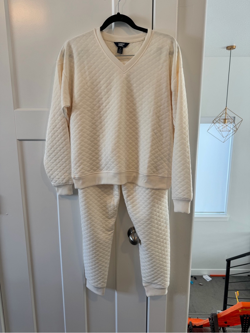 Quilted Cream WomensPajama Set - V-Neck Top & Jogger Pants